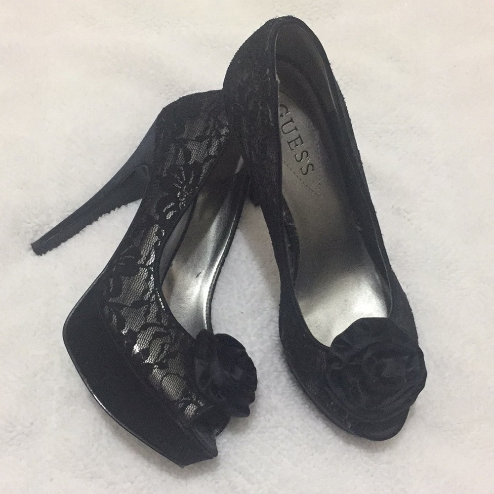 Peep-toe lace heels, size 6.5W